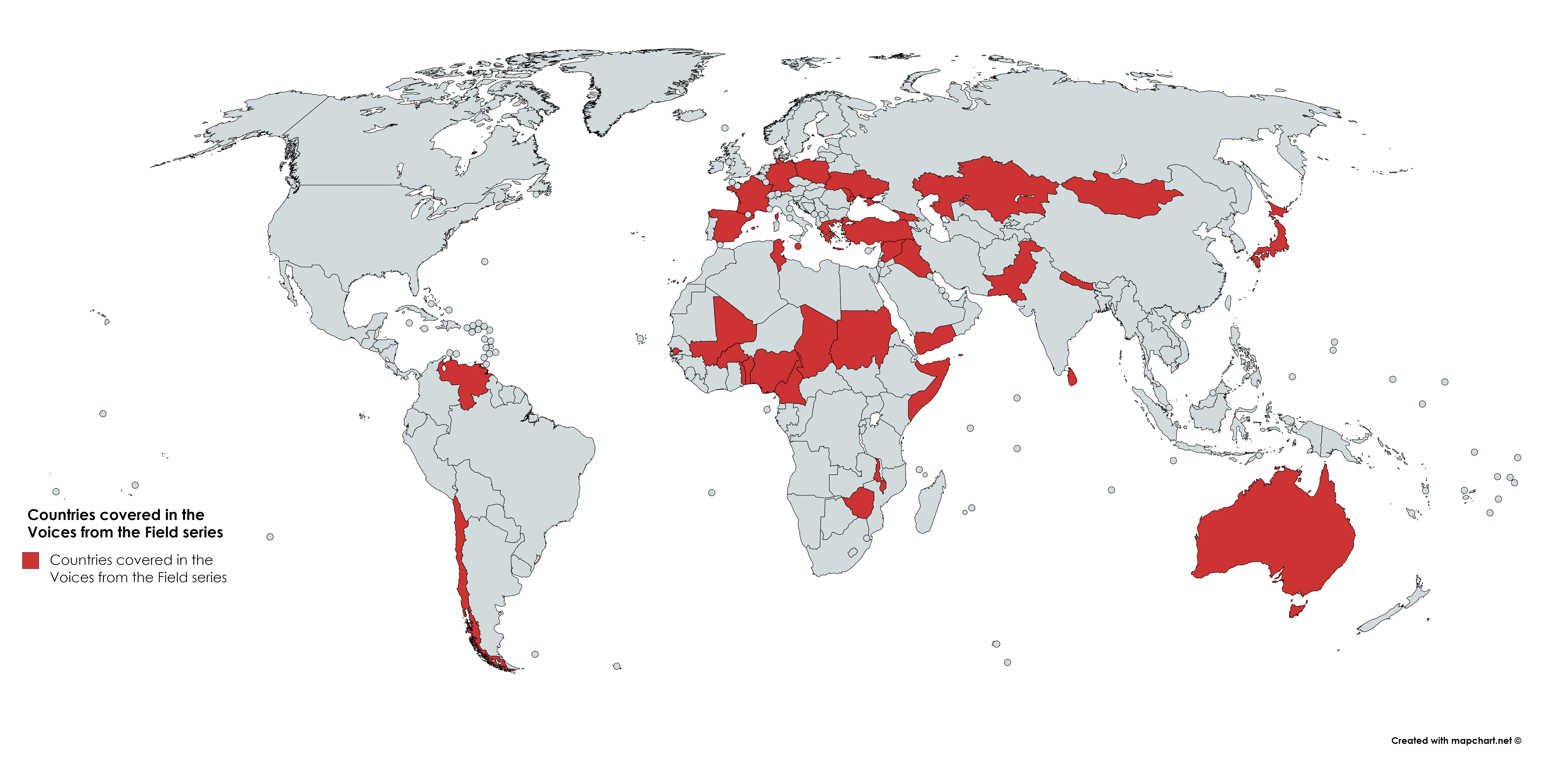 Map chart showing the list of countries covered in the 2017 Voices from the Field series Map chart showing the list of countries covered in the 2017 Voices from the Field series